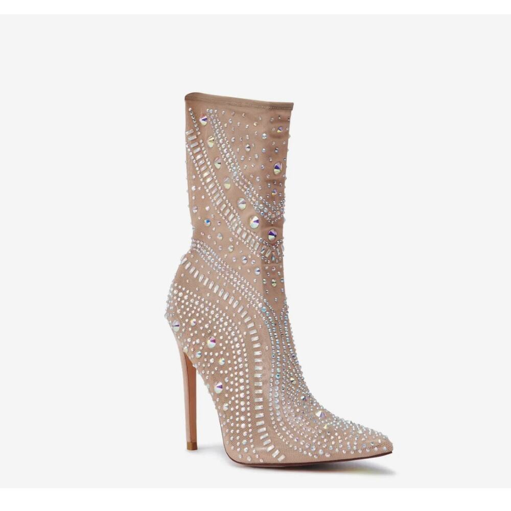 Azalea Wang Opry Sock Bootie 8 Beige Stiletto Rhinestone Embellished Gems